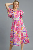 Floral Ruffled Cap Sleeve Midi Dress DJPT