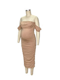Khaki Ruched Off Shoulder Belly Friendly Baby Shower Club Party Tube Bodycon Maternity Midi Dress Maternity