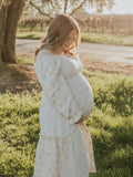 Apricot Daisy Print Smocked Off Shoulder Ruffle Big Swing Elegant Vacation Maternity Photoshoot Baby Shower Party Maxi Dress Maternity