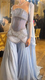 A Line Off The Shoulder Maxi Long Party Light Blue Chiffon Prom Dresses Evening Dress SD2395 HZ0628