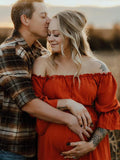 Off Shoulder Buttons Front Slit Open Train Elegant Photoshoot Maternity Maxi Dress Maternity