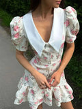 Print Button-Front Ruffle Hem Dress DJPT