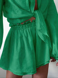 Size Button Up Balloon Sleeve Top and Shorts Set Plus Size DJPT