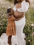 White 2 Piece Crochet Mesh Backless Flare Sleeve Bodycon Vacation Beach Photoshoot Baby Shower Maternity Maxi Dress Maternity