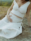 Ivory White Two Piece Set Off Shoulder Ruffle Falbala Bodycon Elegant Maternity Boho Photoshoot Baby Shower Maxi Dress Maternity
