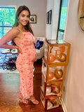 Pink Floral Tulle Ruched Bodycon Cute Gender Reveal Baby Shower Maternity Midi Dress Maternity