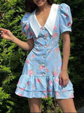 Print Button-Front Ruffle Hem Dress DJPT