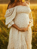 Ruffle Ruched High Waist Puff Sleeve Cute Photoshoot Maternity Maxi Dress Maternity