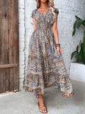 Size Printed V-Neck Short Sleeve Midi Dress DJPT
