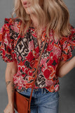 Print Split Neck Short Puff Sleeve Blouse DJPT