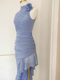 Sheath High Neckline Blue Ruffles Vacation Dresses Short Birthday Outfits SD346