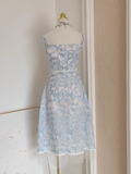 A line Straps Sleeveless Blue Lace Party Dress Holiday Birthday Dresses For Women SD361