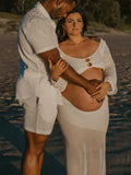 White 2 Piece Crochet Mesh Backless Flare Sleeve Bodycon Vacation Beach Photoshoot Baby Shower Maternity Maxi Dress Maternity
