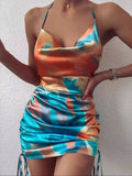 Halter Ruched Mini Dress with Side Drawstring DJPT
