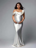 White One Off Shoulder Silk Satin Backless Mermaid Photoshoot Evening Gown Baby Shower Maternity Maxi Dress Maternity