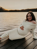 Yellow Knit Off Shoulder Flare Sleeve Mermaid Bodycon Elegant Vacation Photoshoot Baby Shower Maternity Maxi Dress Maternity