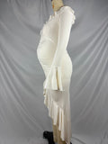 Beige Off Shoulder Ruffle Falbala Ruched Slit Mermaid Elegant Maternity Baby Shower Maxi Dress Maternity