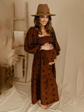 Sun Flowers Square Smocked Neck Puff Sleeve Big Swing Flowy Baby Shower Photoshoot Maternity Maxi Dress Maternity