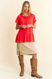 & Dani Solid Lace Trim Neck Short Sleeve Peplum Top DJPT