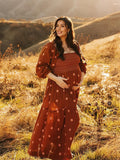 Sun Flowers Square Smocked Neck Puff Sleeve Big Swing Flowy Baby Shower Photoshoot Maternity Maxi Dress Maternity