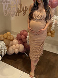 Khaki Ruched Off Shoulder Belly Friendly Baby Shower Club Party Tube Bodycon Maternity Midi Dress Maternity