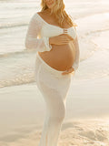 White 2 Piece Crochet Mesh Backless Flare Sleeve Bodycon Vacation Beach Photoshoot Baby Shower Maternity Maxi Dress Maternity