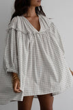 Plaid Notched Balloon Sleeve Mini Dress DJPT