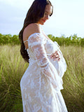 White Lace Corset Square Neck Flare Sleeve Off Shoulder Bodycon Elegant Cocktail Party Maternity Baby Shower Photoshoot Maxi Dress Maternity