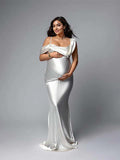 White One Off Shoulder Silk Satin Backless Mermaid Photoshoot Evening Gown Baby Shower Maternity Maxi Dress Maternity