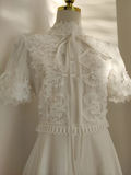 A line High Neckline Short Sleeves Lace White Party Dress Chiffon Holiday Dresses SD348