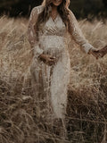 Apricot Sequin Tassel Tulle Ruched Cross Chest Multi Way Tie Back V-neck Elegant Boho Photoshoot Maternity Maxi Dress Maternity