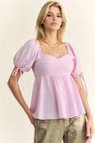 & Dani Solid Elastic Peplum Puffed Sleeves Blouse DJPT