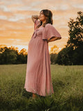 Bow Flutter Sleeve Solid V-neck Flowy Vacation Beach Cute Baby Shower Photoshoot Maternity Maxi Dress Maternity