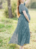 Blue Floral Wrap Side Slit Big Swing Elegant Baby Moon Going Out Boho Maternity Photoshoot Baby Shower Maxi Dress Maternity