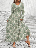 Printed V-Neck Flounce Sleeve Dress DJPT