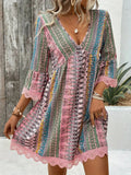 Trim Printed V-Neck 3/4 Sleeve Dress DJPT