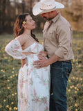 White Floral Cut Out Off Shoulder Backless Cami Big Swing Elegant Vacation Maternity Hobo Photoshoot Baby Shower Maxi Dress Maternity