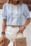 Detail Striped Round Neck Half Sleeve Blouse DJPT