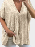 Size Sequin V-Neck Short Sleeve Top DJPT
