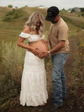 White 2-in-1 Lace Cut Out Off Shoulder Tie Elegant Flowy Vacation Photoshoot Maternity Maxi Dress Maternity