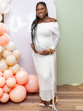 White Mesh Irregular Ruched Draped Off Shoulder Bodycon Elegant Cocktail Party Gown Maternity Photoshoot Baby Shower Maxi Dress Maternity