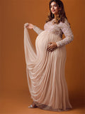 Sequin Tulle Splicing Long Sleeve Party Gown Photoshoot Maternity Baby Shower Maxi Dress Maternity