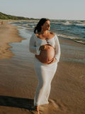 White 2 Piece Crochet Mesh Backless Flare Sleeve Bodycon Vacation Beach Photoshoot Baby Shower Maternity Maxi Dress Maternity