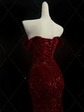 Mermaid Sweetheart Red Slit Sequin Long Evening Gowns Prom Dress SD2766 HZ0628