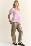 & Dani Solid Elastic Peplum Puffed Sleeves Blouse DJPT