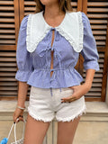 Front Plaid Flounce Sleeve Blouse DJPT