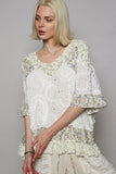 Floral Print Eyelet Ruffled Hem Blouse DJPT