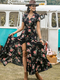 Printed V-Neck Short Sleeve Dress DJPT