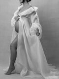 White Ruffle Open Slit Lantern Sleeve Elegant Photoshoot Maternity Maxi Dress Maternity