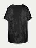 Size Sequin V-Neck Short Sleeve Top DJPT